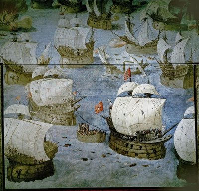 Zeeslag bij de Azoren (1571) – Verovering van het derde eiland – Frescoschildering 1585 – Gerestaureerd door Granello Tavaron Castello y Cambiasso