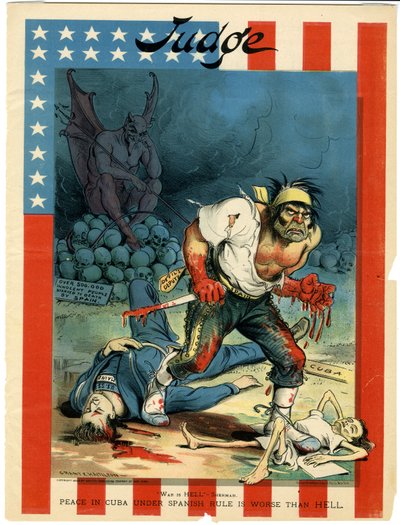 Oorlog is Hel - Sherman, Vrede in Cuba onder Spaanse heerschappij is erger dan de hel, illustratie uit Judge, 30 april 1898 door Grant E. Hamilton