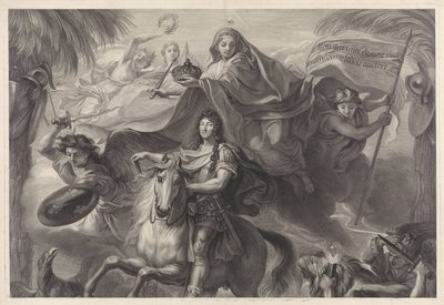 Allegorisch ruiterportret van Lodewijk XIV, koning van Frankrijk door Gérard Edelinck