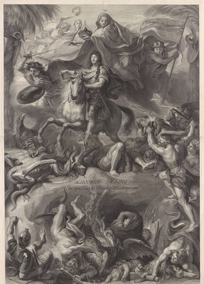 Allegorisch ruiterportret van Lodewijk XIV, koning van Frankrijk door Gérard Edelinck