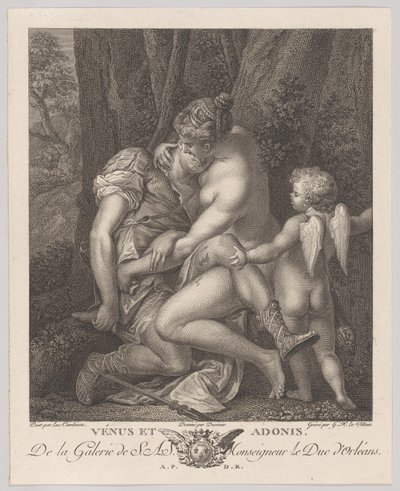 Venus rouwt om Adonis, zittend onder een boom en hem omhelzend, met Cupido rechts, ca. 1786 door Gérard René Le Vilain