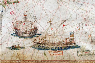 Detail van schepen met hoge masten uit de Nautische Kaart door Grazioso Benincasa door Grazioso Benincasa