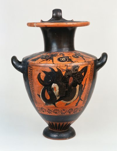 Een Attische zwart-figuur hydria met Athena en Herakles in gevecht, en hieronder, Herakles worstelend met Nereos, ca. 520 v.Chr. door Greek