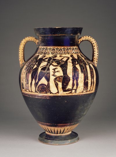 Atheense Attische zwartfigurenamfoor toegeschreven aan Lydos met Theseus die de Minotaurus doodt, 550-40 v.Chr. door Greek