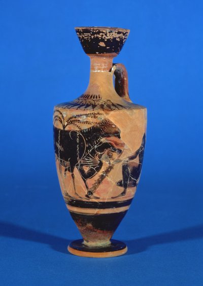 Attische zwartfiguur lekythos die Odysseus afbeeldt die ontsnapt aan de Cycloop, c. 530 v.Chr. door Greek
