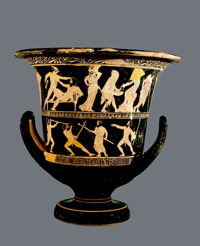 Attische roodfigurige calyx-krater met (boven) de daden van Theseus en (onder) de saters Sikinnis, Komos en Simos die fakkels aansteken van kolen die Prometheus draagt in een venkelstengel, c.420 v.Chr. door Greek