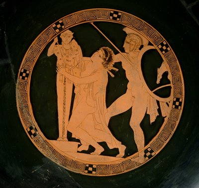 Attische roodfigurige beker die Cassandra afbeeldt, achtervolgd door Ajax die toevlucht zoekt bij een xoanon van Athena, ca.430 v.Chr. door Greek