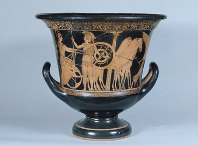 Attische roodfiguren kalyx krater die een Hopliet toont die naar de oorlog vertrekt door Greek