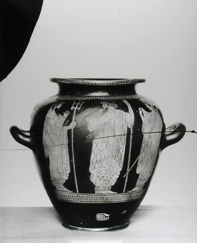 Attische roodfiguren stamnos met Poseidon, Zeus en Hera, 525-400 v.Chr. door Greek