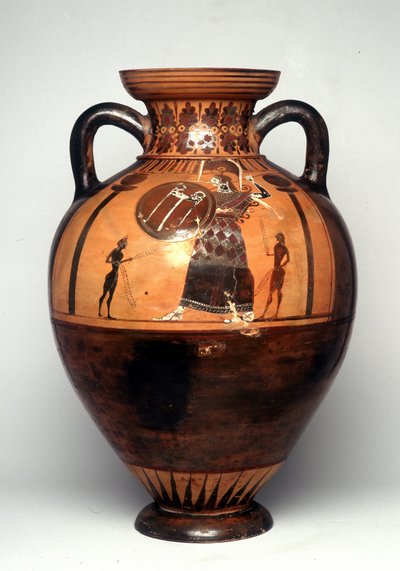 Zwartfiguurvaas die Athena afbeeldt met een schild en speer, 550 v.Chr. (keramiek) door Greek