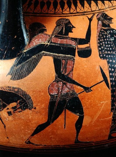 Detail van een amphora die het verhaal van Theseus en de Minotaurus uitbeeldt, ca. 540 v.Chr. (klei) door Greek