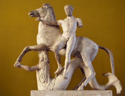 Dioscuro en paard ondersteund door een Triton, Parisch marmer, sculpturale decoratie van westelijke gevel van Marasa district tempel, Locri, Calabrië, Italië, Griekse beschaving, 5e-4e eeuw v.Chr. door Greek