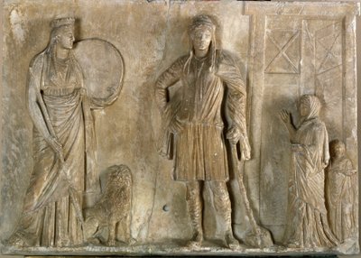 Griekse kunst: Phrygische godheden Cybele en Attis, zijn zoon en minnaar. Marmeren reliëf uit de 2e eeuw v.Chr. Museo Archeologico, Venetië door Greek