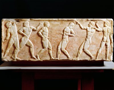 Griekse beschaving, Stele die atleten in de gymnasium afbeeldt, uit de Kerameikos necropolis in Athene, Griekenland, 510 v.Chr. door Greek