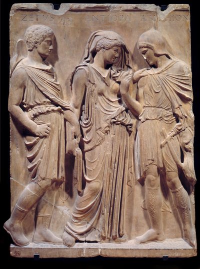 Griekse oudheid: het afscheid van Orpheus van Eurydice die Hermes terug naar de onderwereld brengt door Greek