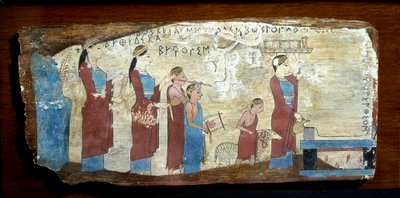 Griekse oudheden: offer van een lam. Houtschildering uit Sicyon in de Golf van Korinthe. 6e eeuw v.Chr. Athene, Nationaal Archeologisch Museum door Greek