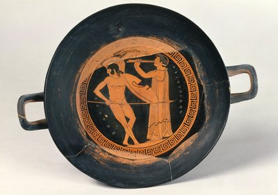Griekse roodfigurenbeker, een krijger dansend de Pyrrhische dans, door Aristeides de Oudere door Greek