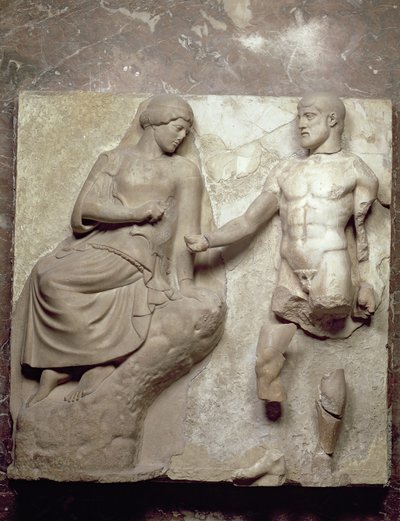Hercules en Minerva, een van een reeks metopen die de werken van Hercules uit de tempel van Zeus in Olympia uitbeelden, Vroeg-klassieke periode, c.470-457 v.Chr. (Parisch marmer) door Greek