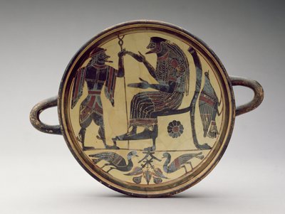 Laconische kylix beker die Zeus en Hermes afbeeldt, c.550-530 BC door Greek