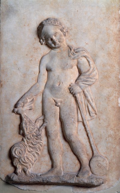 Magna Graecia: jongetje dat speelt, marmeren reliëf, 5e eeuw v.Chr. door Greek