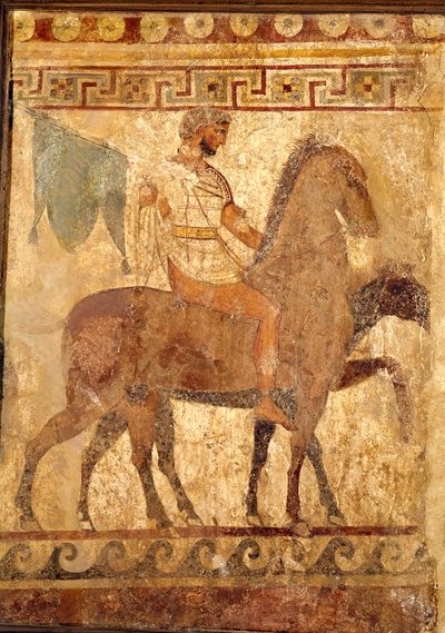 Soldaat op een paard, grafschildering door Greek