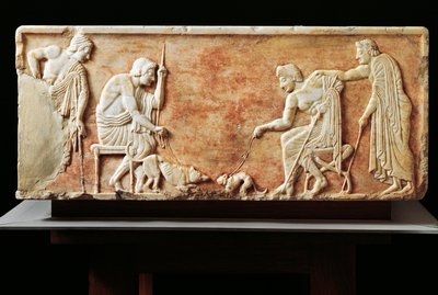 Stele die gevecht tussen hond en kat uitbeeldt, 510 v.Chr. (reliëf) door Greek