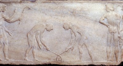 Kunst van het oude Griekenland: Balspel met lacrosse (principe van het huidige hockey) door Greek