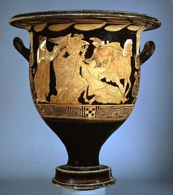 Attische roodfigurige klokkrater die Boreas met Oreithya afbeeldt door Greek