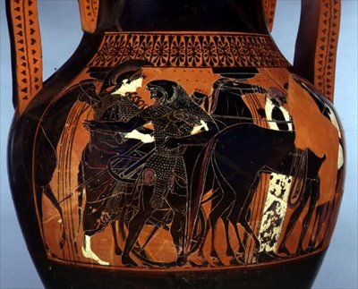 Zwartfigurige amphora versierd met een scène van Heracles die Athena helpt (detail) door Greek