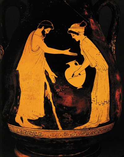 Man met wandelstok en vrouw met hydria ... door Greek Greek