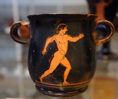 Oud-Griekse rood op zwarte beker met afbeelding van een atleet door Greek School