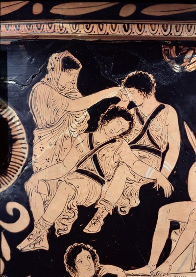 Attische roodfigurige krater die Orestes als smekeling bij het heiligdom van Apollo in Delphi afbeeldt, toegeschreven aan de Apulische Eumenides Schilder, ca. 380 v.Chr. (detail) door Greek School
