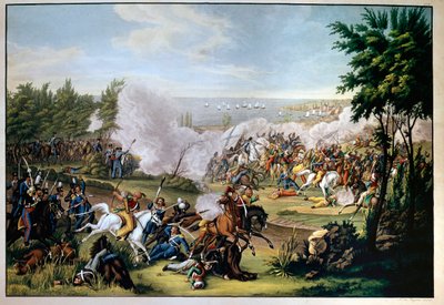 Slag bij Missolonghi, Griekenland, in 1822, verdedigd door Botzaris, die sterft in het conflict tegen de Turken van Omar Brionis (overwinning van de Grieken) (gravure) door Greek School