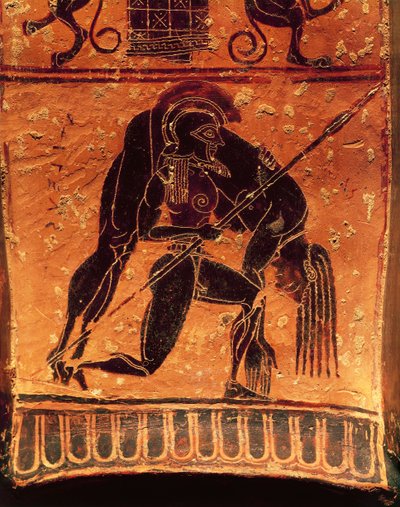 Zwartfigurige keramiek, Francois vaas, Attische voluutkrater gesigneerd door de pottenbakker Ergotimos en de schilder Kleitias, detail, Ajax Telamon draagt het dode lichaam van Achilles, 570-560 v.Chr. door Greek School