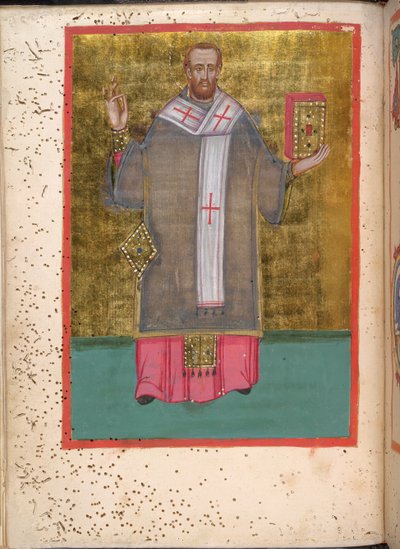 Miniatuur van een staande Johannes Chrysostomus met een boek, uit 
