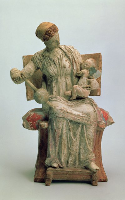 Beeldje van Aphrodite die met Eros speelt, uit Tanagra, laat 4e eeuw v.Chr. (terracotta) door Greek School