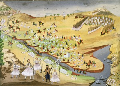 Eerste slag tussen Grieken en Turken, bij de Alamana-brug in 1821, uit de Pictorial History of the Greek War of Independence door Greek School