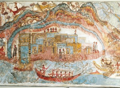 Fresco die een scheepsprocessie uit Akrotiri, Thera-eiland, Santorini, Griekenland, detail, een kuststad toont door Greek School