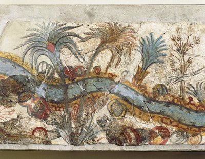 Fresco met rivierlandschap, van Akrotiri, Thera Eiland, Santorini, Griekenland, detail door Greek School