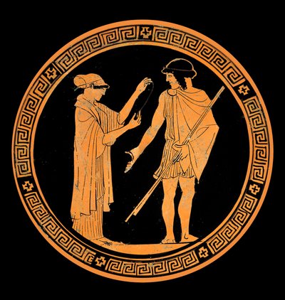Galante conversatie, decoratie van een keramiek met rode figuren. 5e eeuw v.Chr. door Greek School