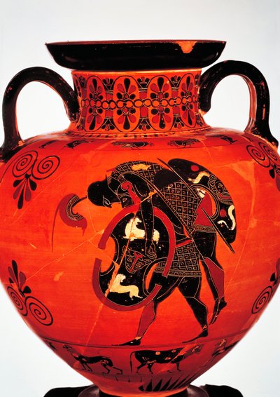 Griekse beschaving, 6e eeuw v.Chr. Zwartfigurige keramiek. Amfoor met Ajax die het lichaam van Achilles draagt. door Greek School