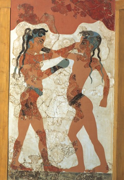 Griekse beschaving, Fresco die jonge boksers uitbeeldt, Van Akrotiri, Thera-eiland, Santorini, Griekenland door Greek School