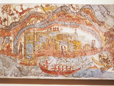 Griekse beschaving, fresco die scheepsprocessie uitbeeldt, van Akrotiri, Thera-eiland, Santorini, Griekenland door Greek School