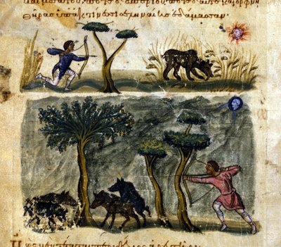 Jacht op wilde zwijnen naar het Griekse manuscript van Oppianus De Venatione 13e eeuw door Greek School