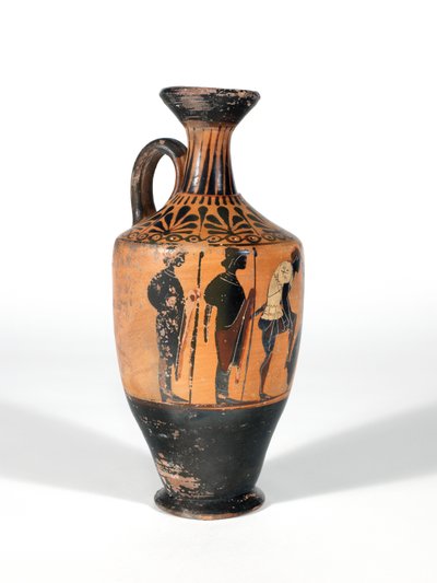 Lekythos, krijgers bewapenen zich voor de strijd, 510-500 v.Chr. door Greek School