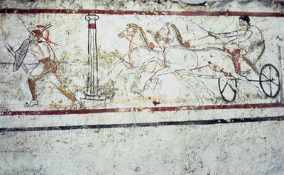 Lucaniaanse fresco grafschildering die een gladiator en een man op een strijdwagen afbeeldt, Paestum 350-330 v.Chr. door Greek School