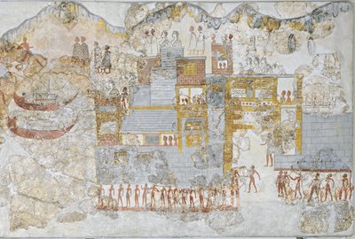 Miniatuur fresco die een vloot toont die de haven verlaat, uit het westelijke huis van Thera of Santorini, Griekenland door Greek School