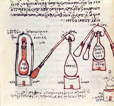 Ms 2327 f.81v Twee alembieken en hun ontvangers, kopie van een laat 3e of vroeg 4e eeuws verhandeling over alchemie door Zosimos van Panopolis door Greek School