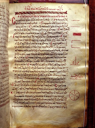 Pagina met tekst en geometrische figuren, uit Meetkunde door Euclides (3e eeuw v.Chr.) door Greek School