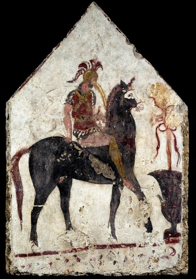 Geschilderde plaat, de zogenaamde zwarte ruiter, uit Paestum, Andriuolo, graf 58 door Greek School